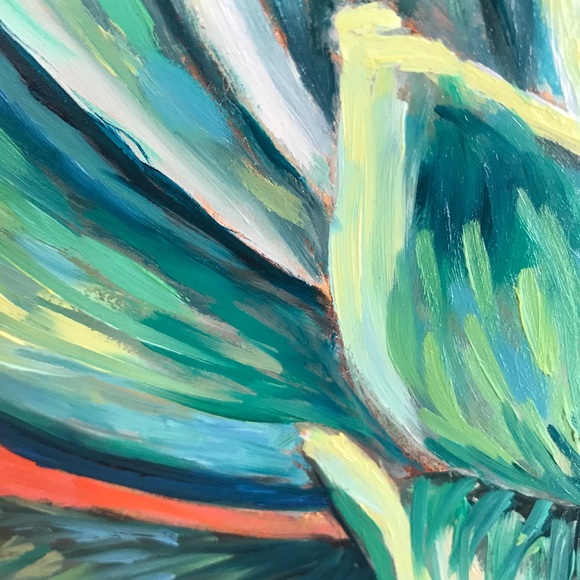 Succulent Botanical Oil Painting in Shades of Green and Coral Size 11” x 14” - Picture 5 of 7